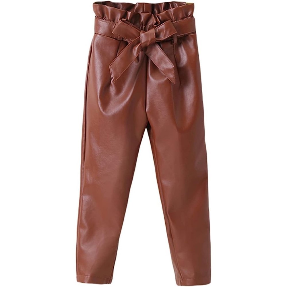 Girls Faux Leather Pants Casual High Waist Bow Tie Pencil Pants - SIze 5T Brown